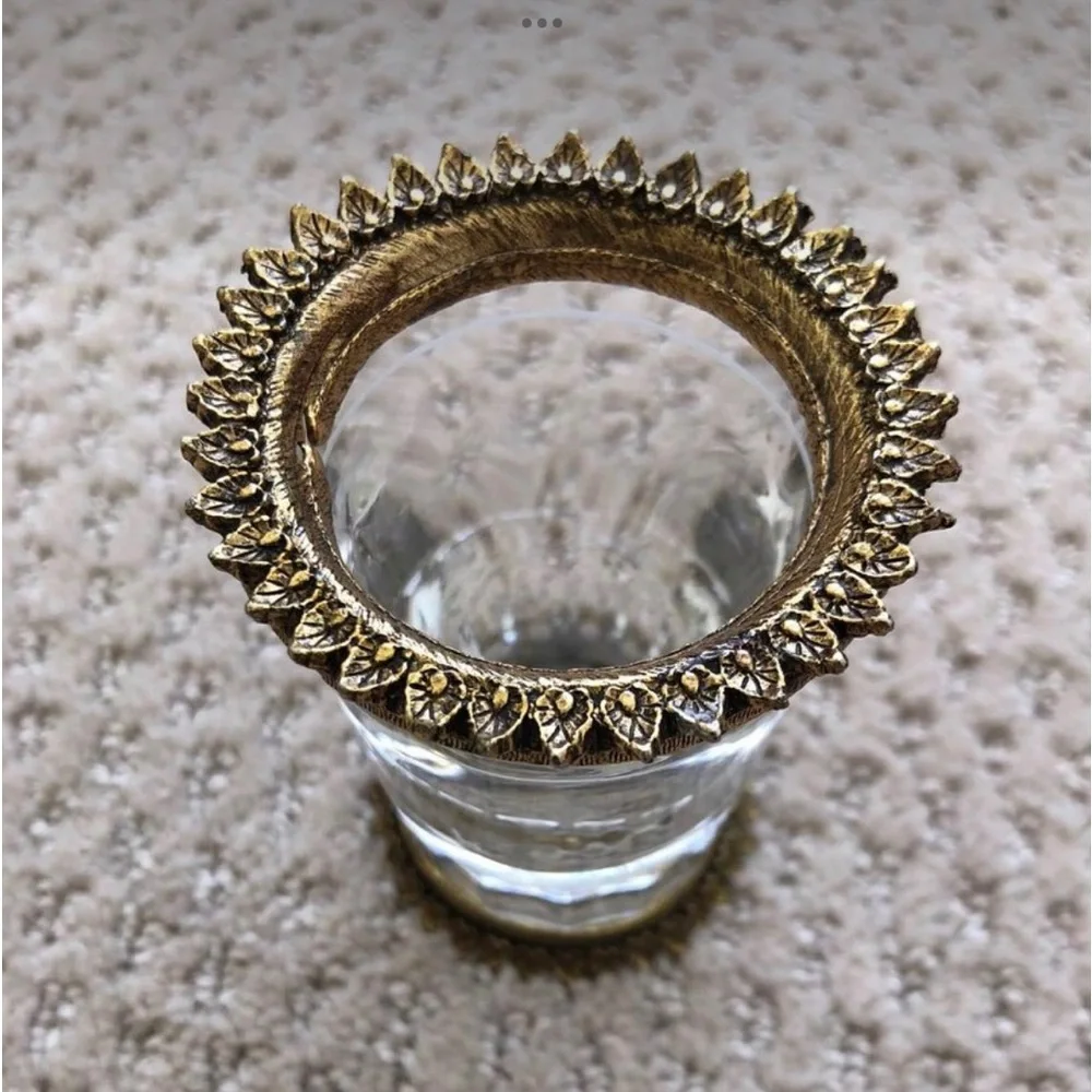 vintage antique vanity glass holder with gold metal filligree leaves - Picture 2 of 8